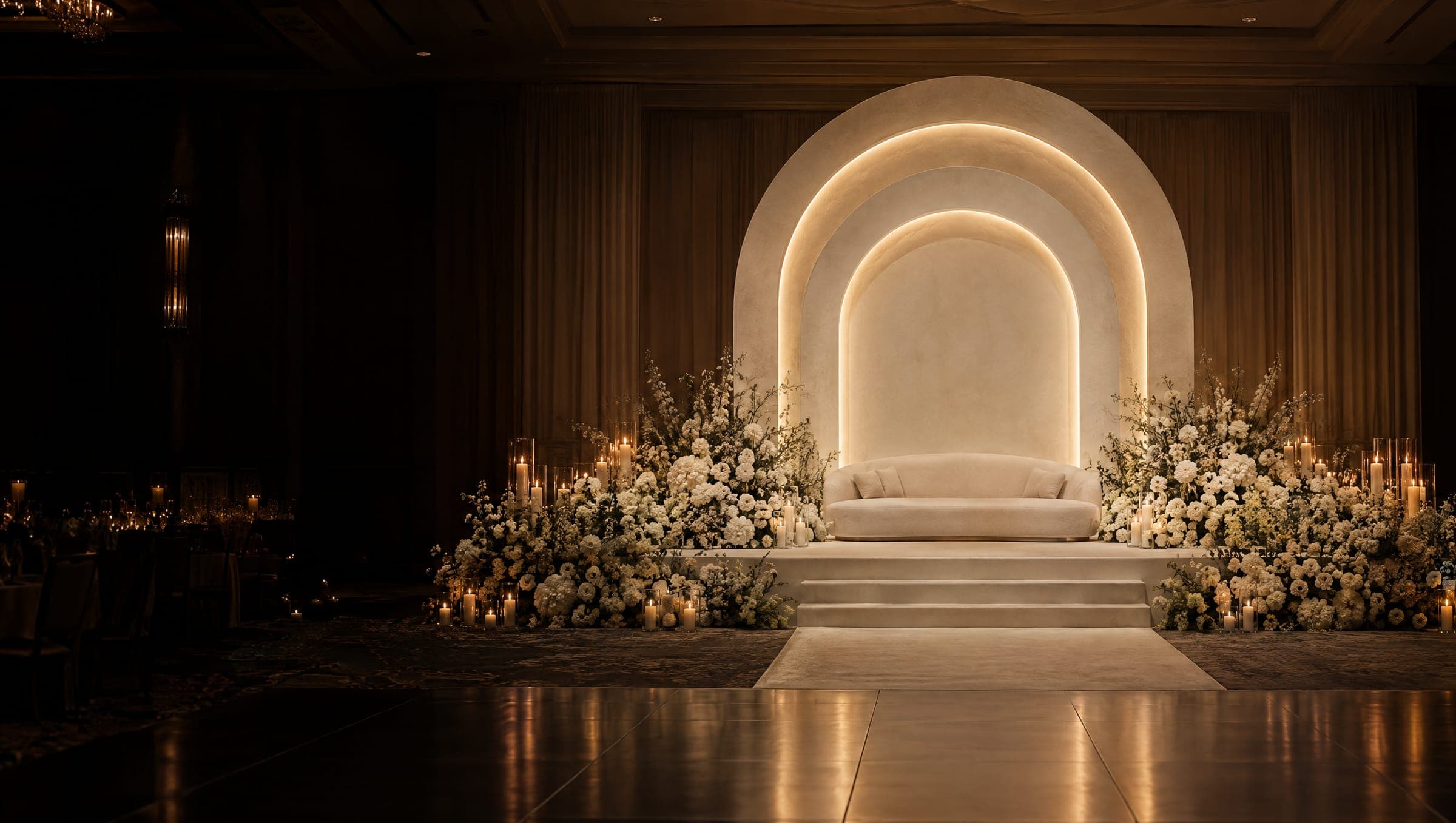 Concept image: a kosha of layered ivory arches with floral banks and warm light
