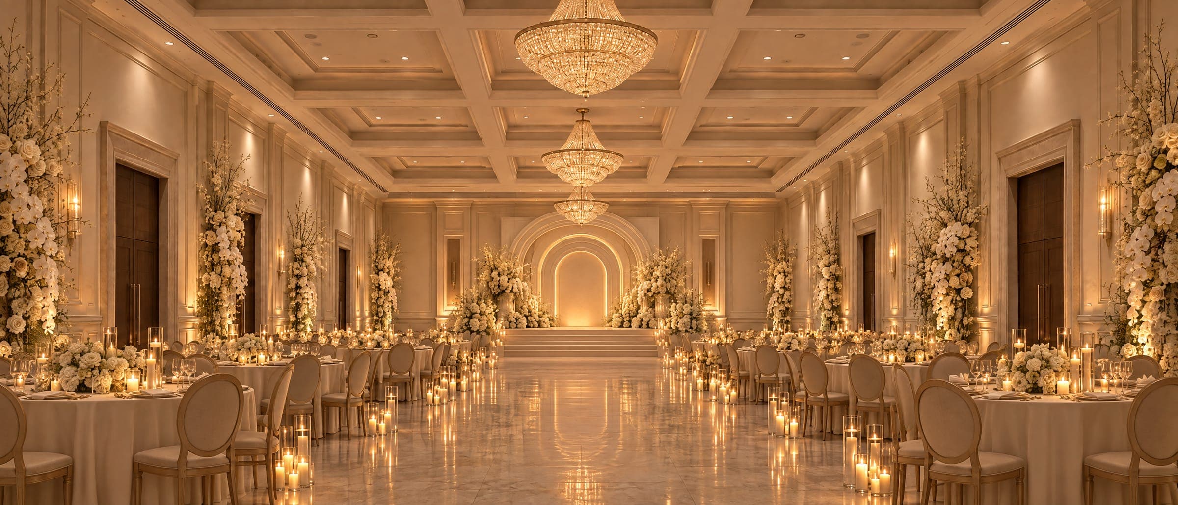 Concept image: the same ballroom transformed with a kosha, florals, candlelit tables and warm lighting