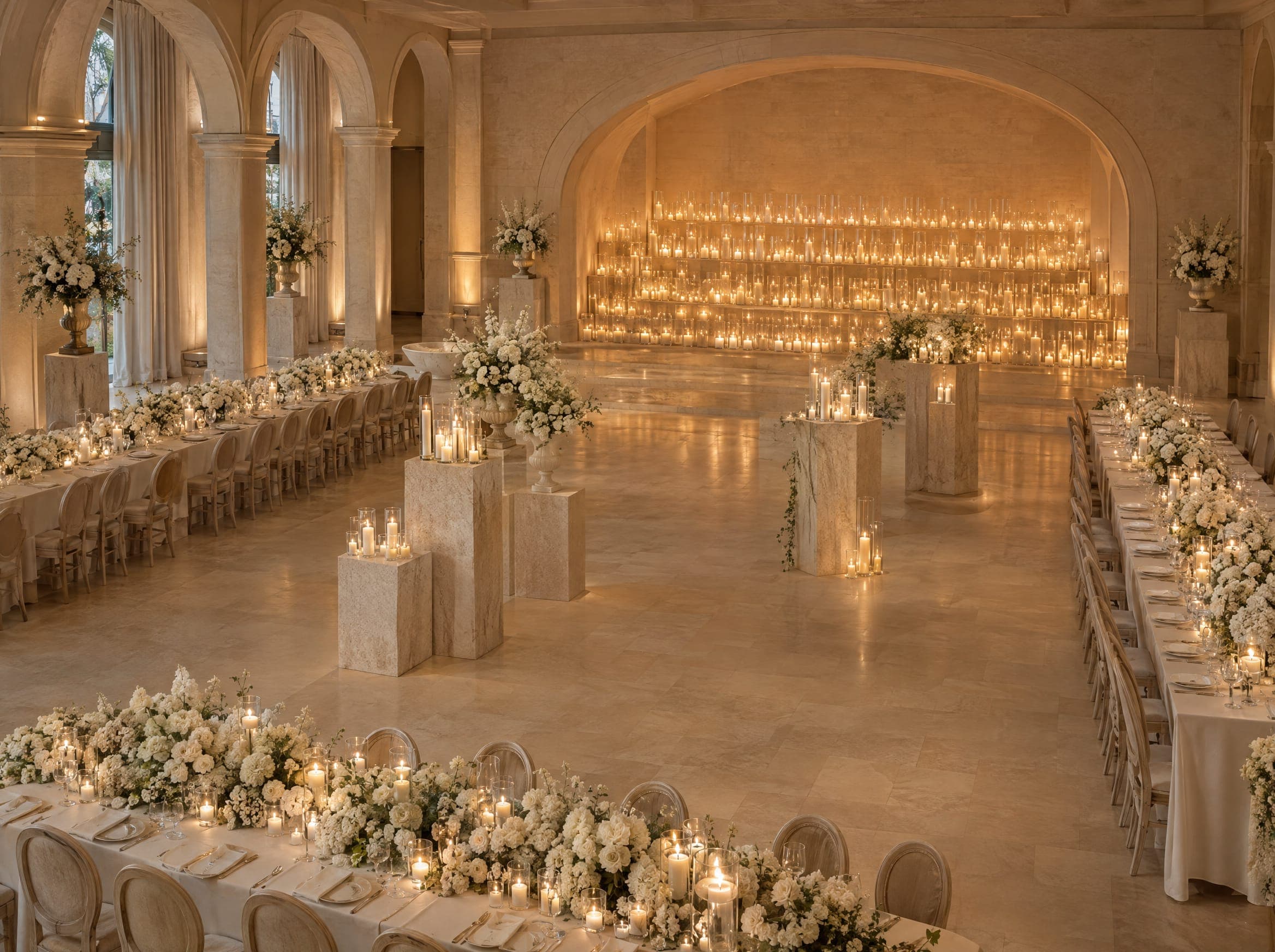 Concept image: a ballroom recast as a pale limestone court lit by walls of candles