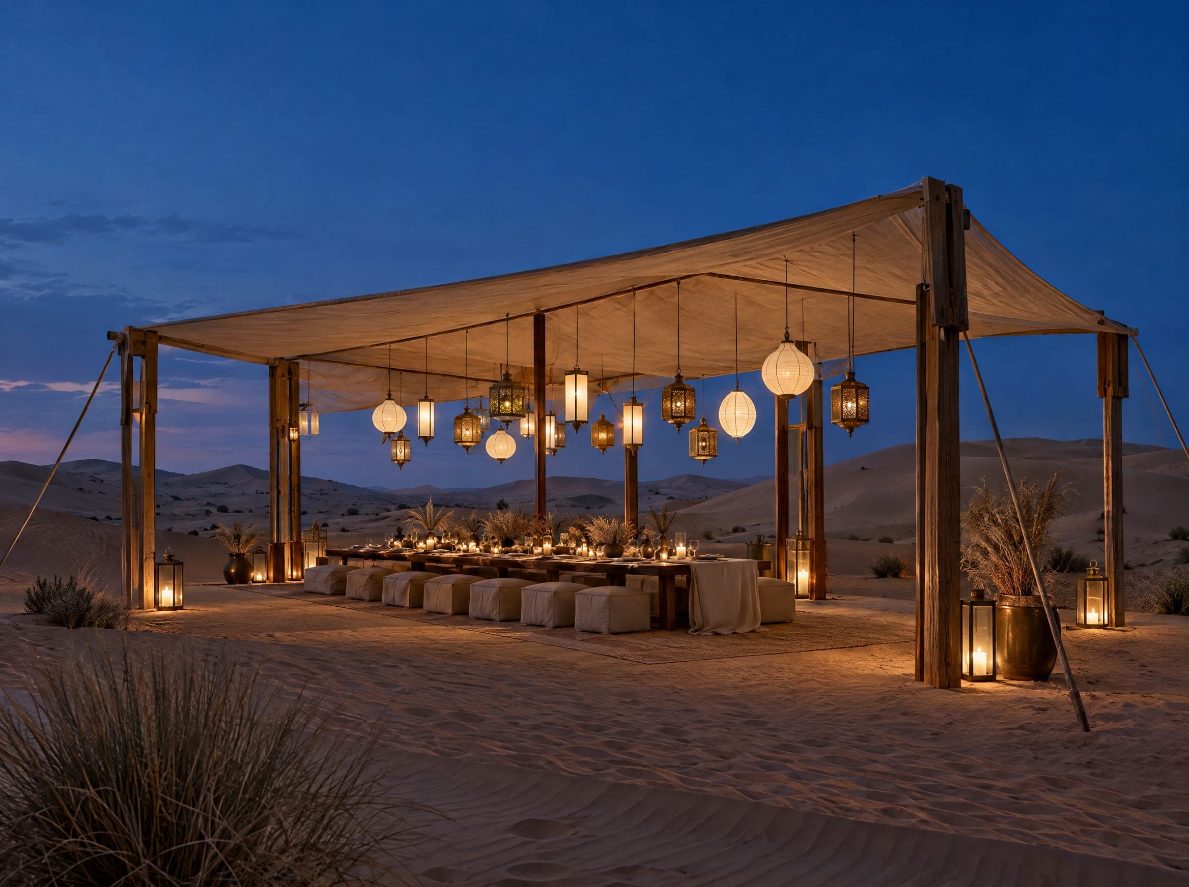 Concept image: an open timber pavilion in the dunes with a linen roof and glowing lanterns