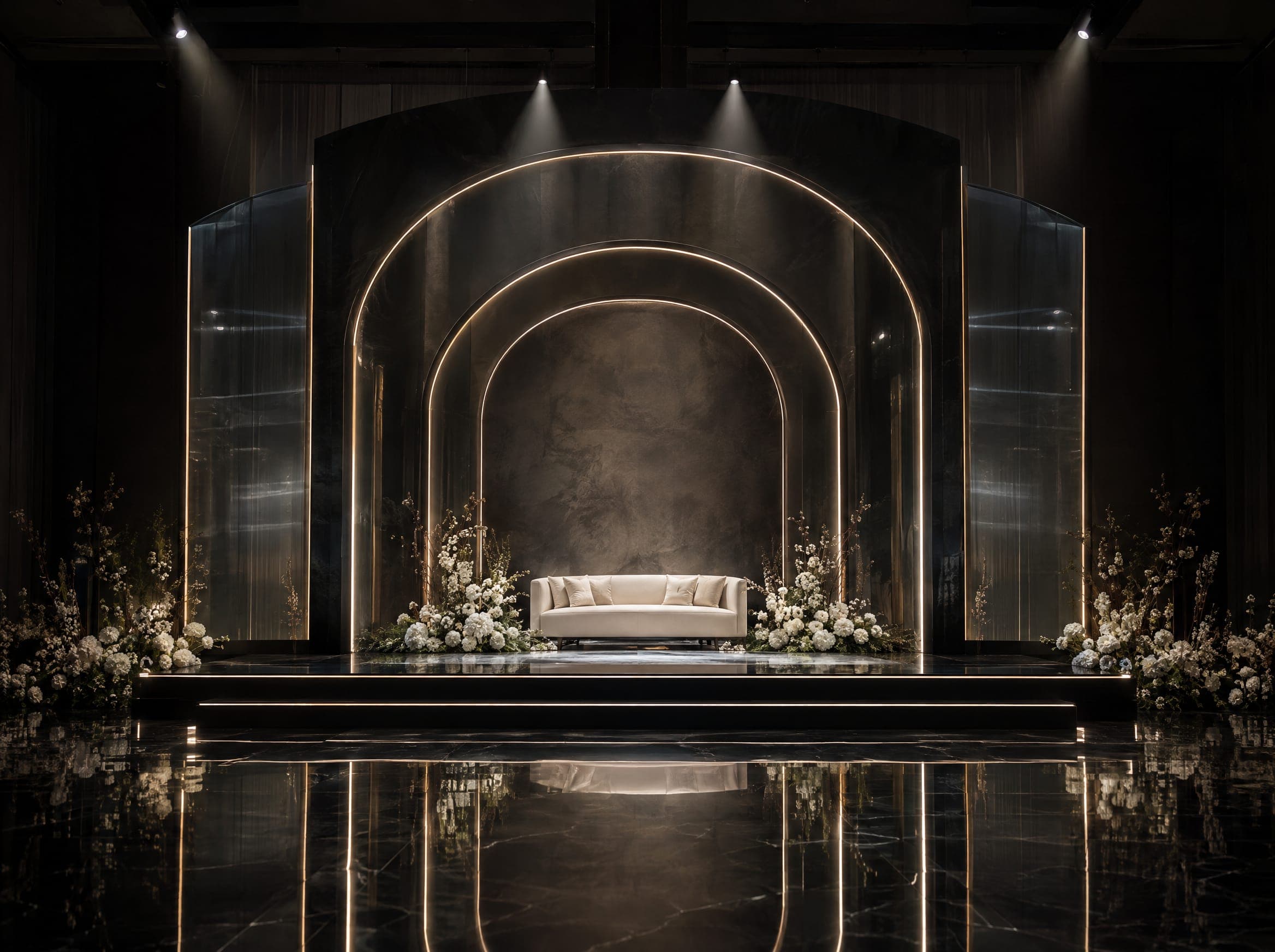 Concept image: a charcoal kosha with layered arches reflected in a mirrored floor