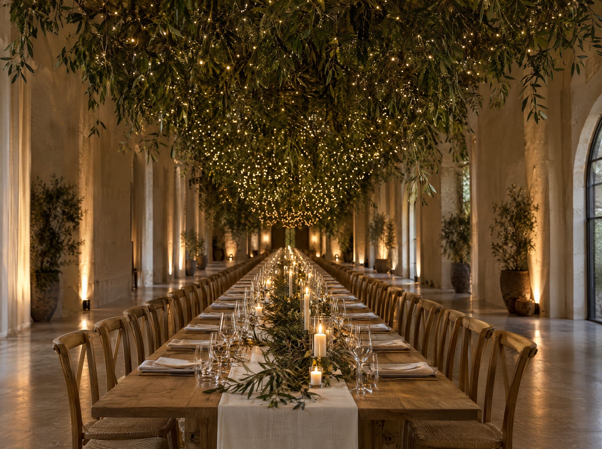 Concept image: one long table beneath a canopy of greenery and warm pin lights
