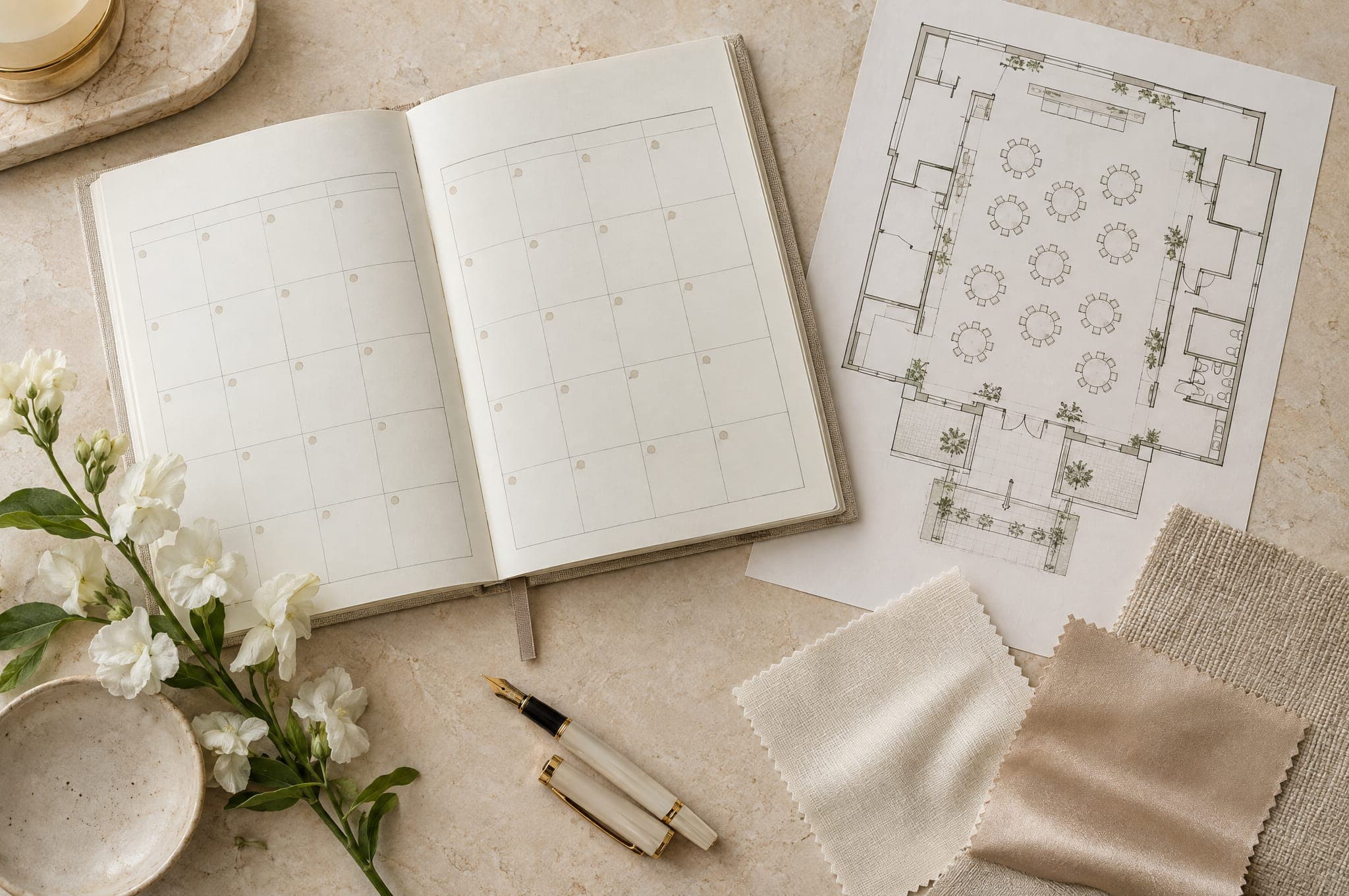 A planning notebook, floor plan and fabric swatches