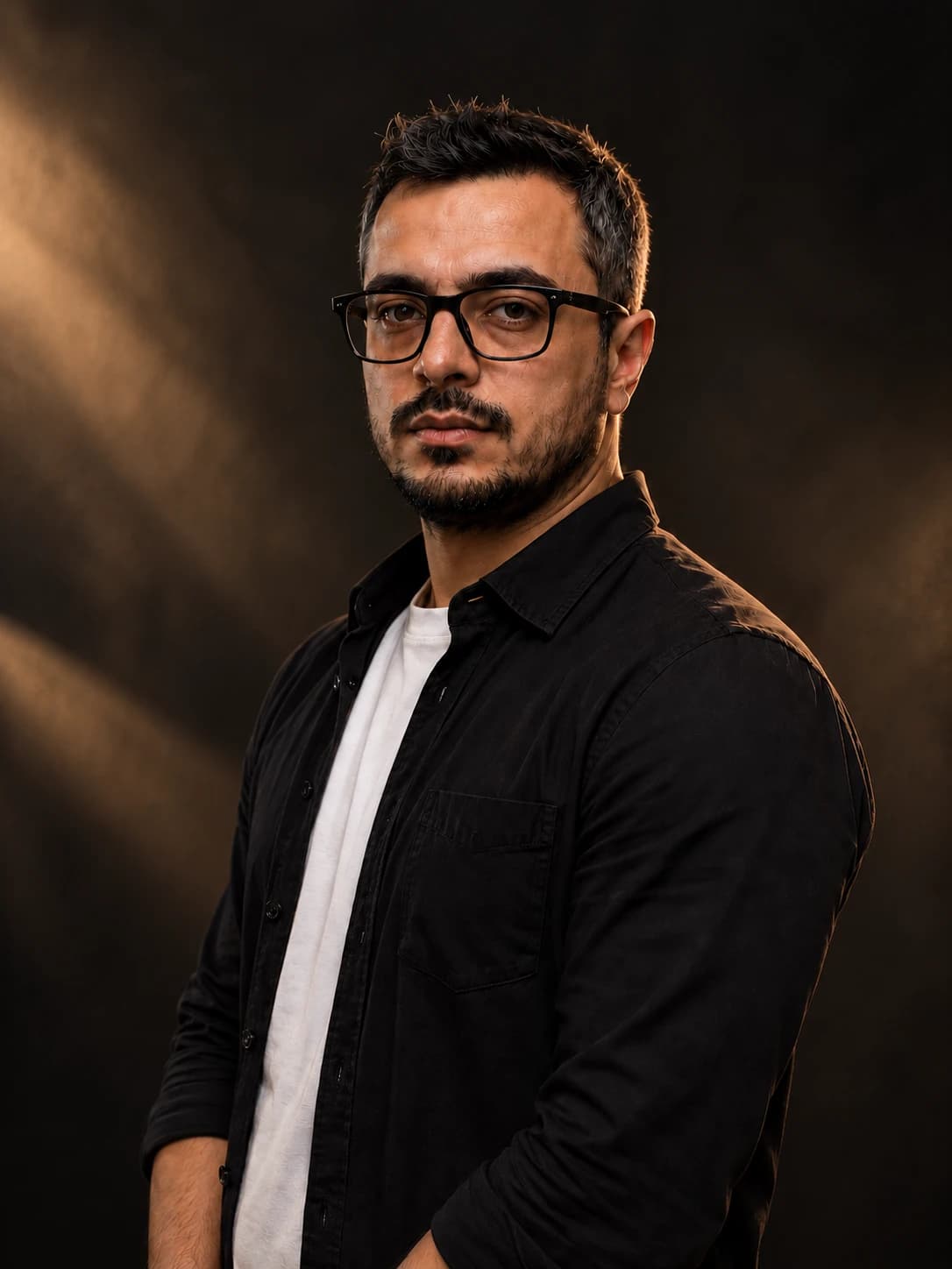 Portrait of Moad Alodeh, founder and creative director of Golden Touch, in a black shirt against a dark background