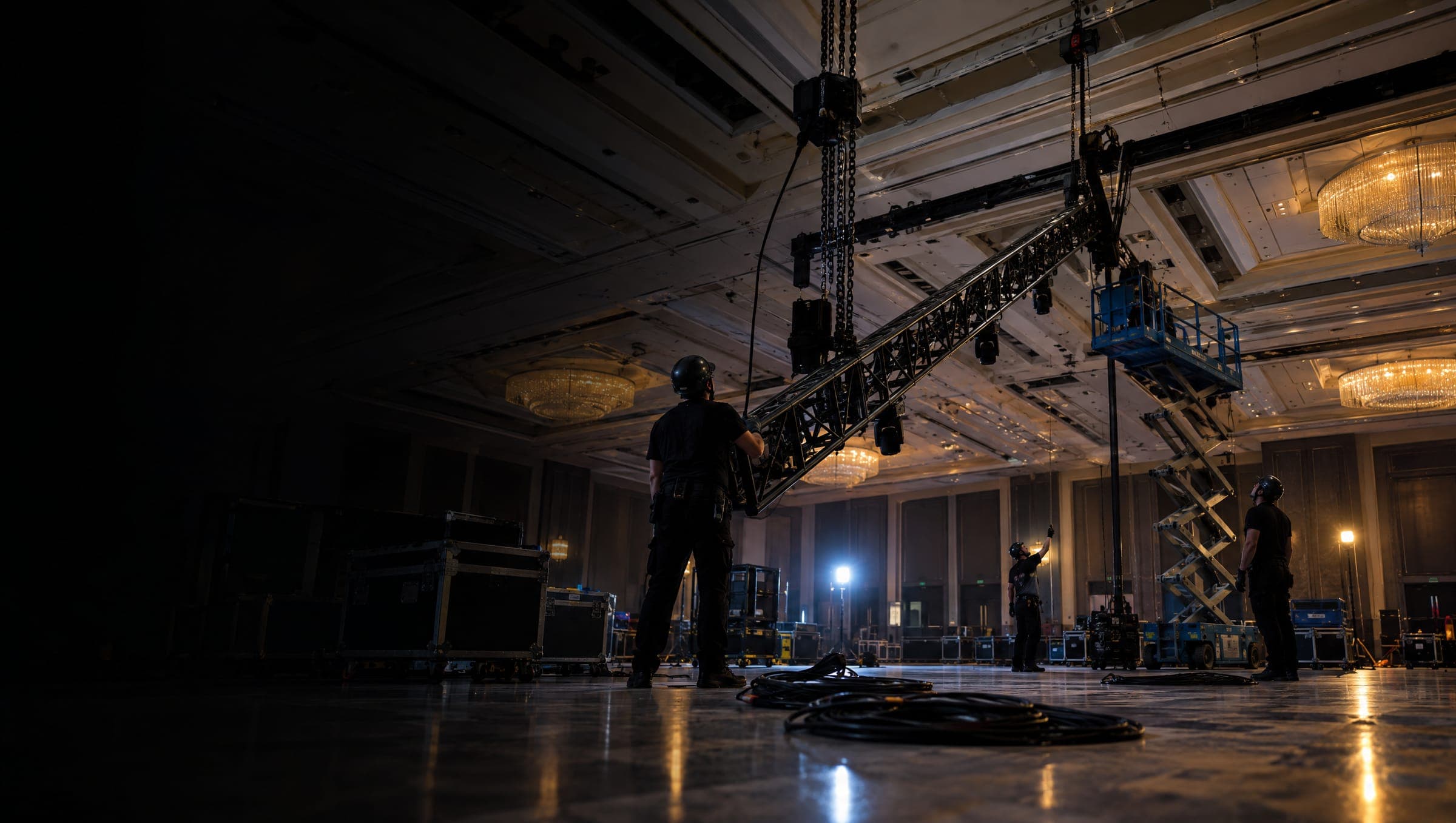 A crew raising lighting truss on chain motors in an empty ballroom