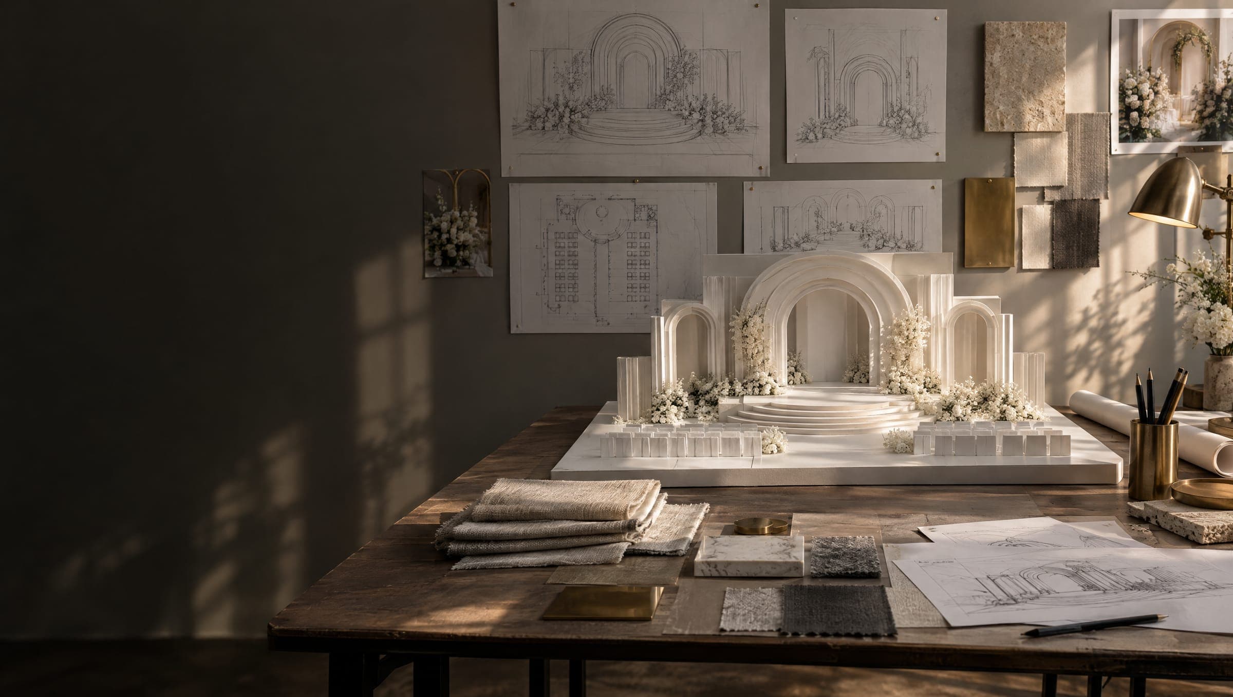 A design studio table with a scale model of a stage and material samples