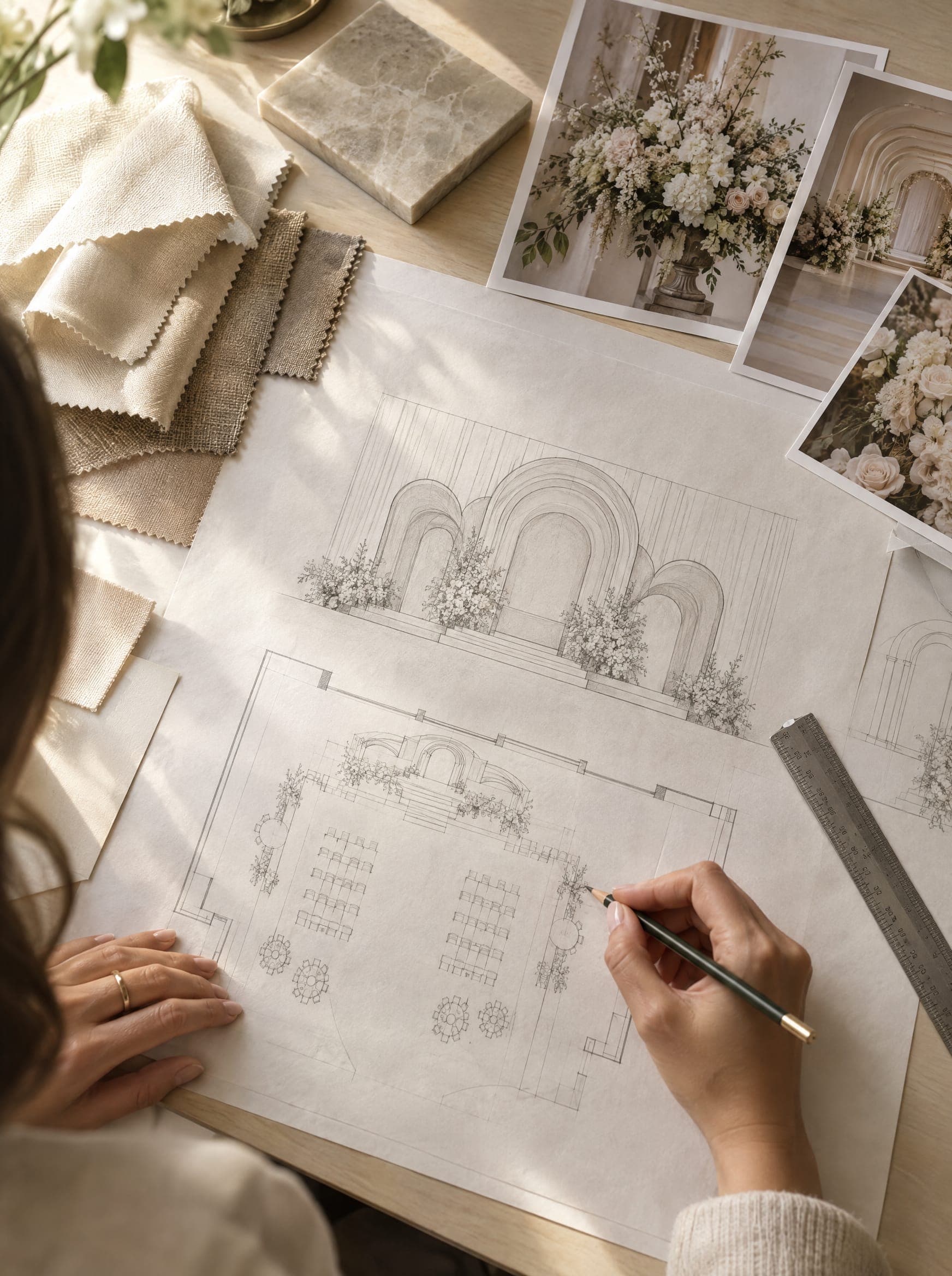 A designer sketching a floor plan and stage elevation beside fabric swatches