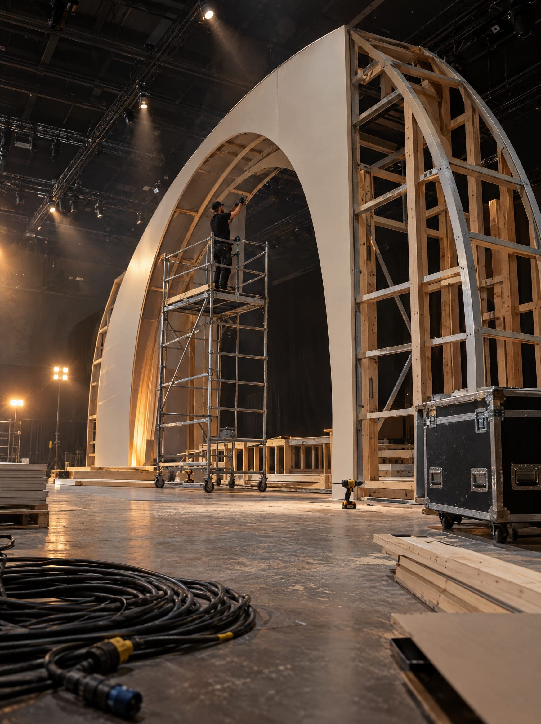An arched stage structure being assembled and clad in ivory panels