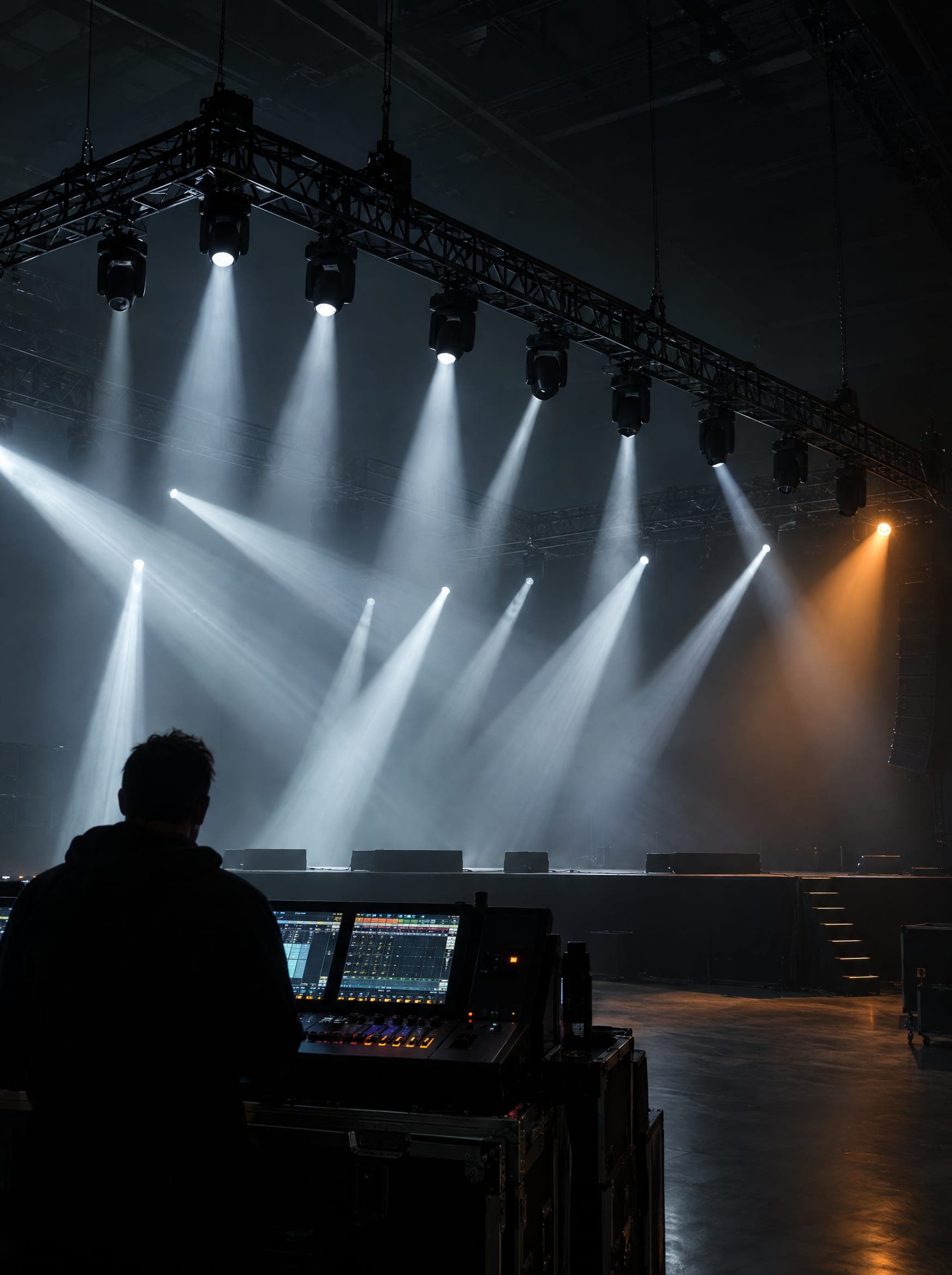 Moving-head lights on a truss projecting beams through haze above a stage