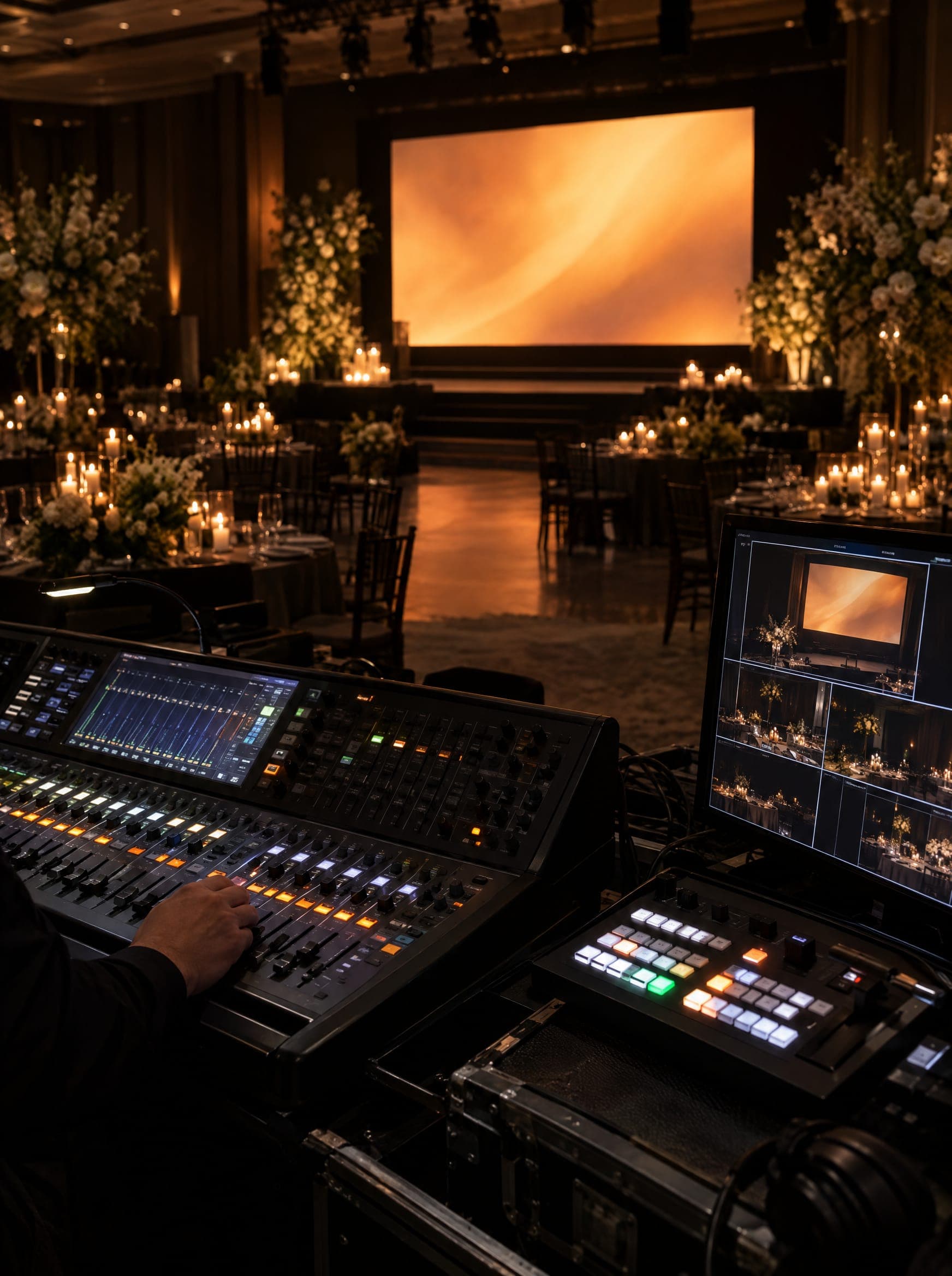 A sound and video control position at the back of a candlelit ballroom
