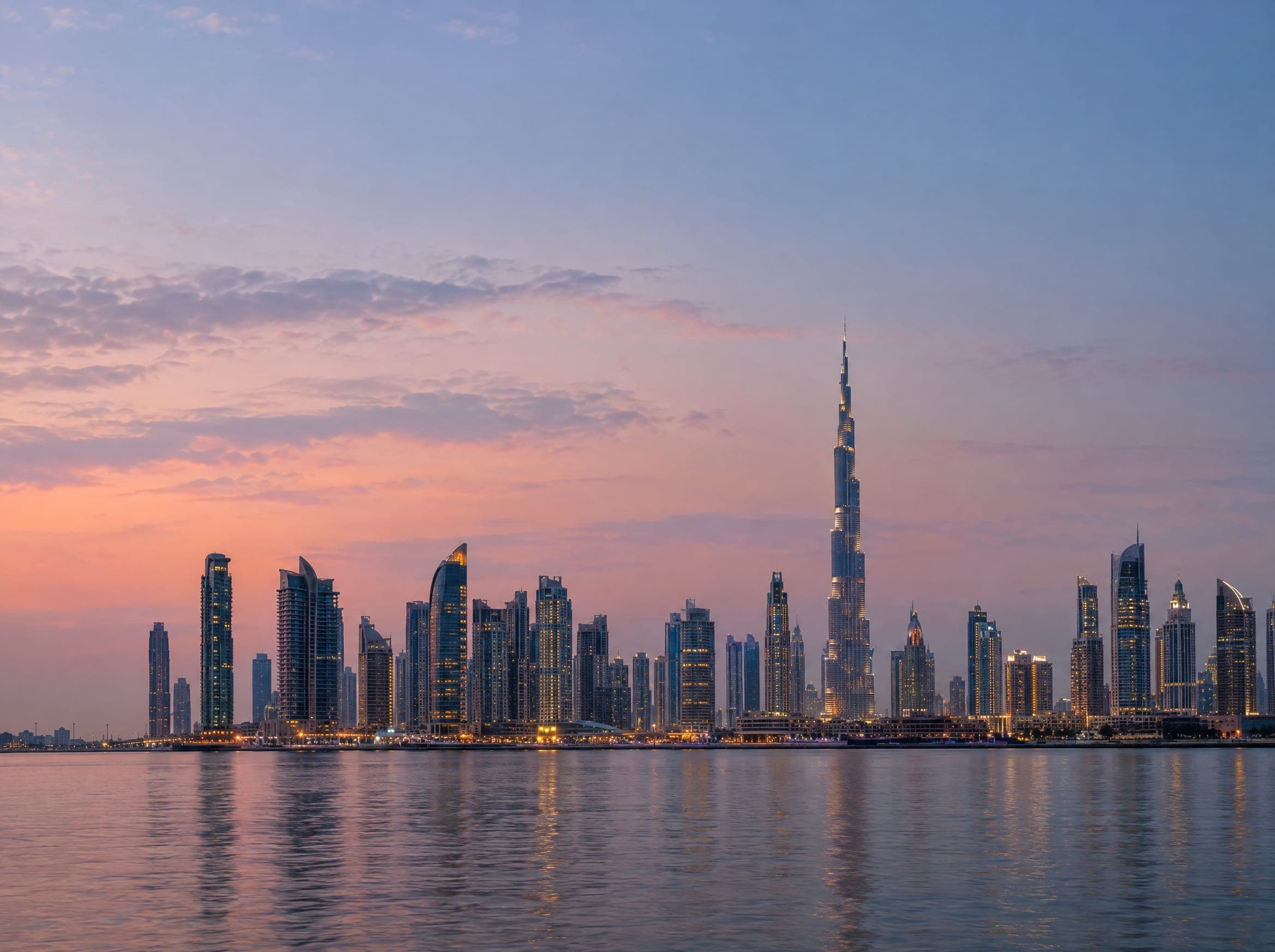 A city skyline at dusk across calm water
