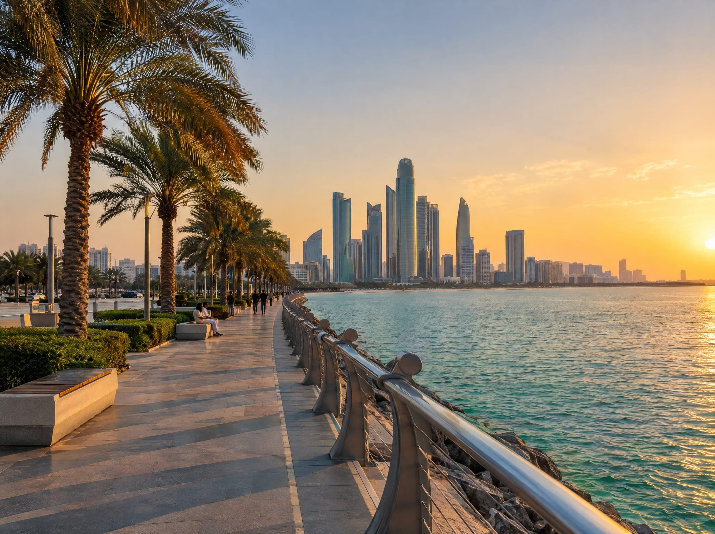 A palm-lined waterfront promenade at golden hour
