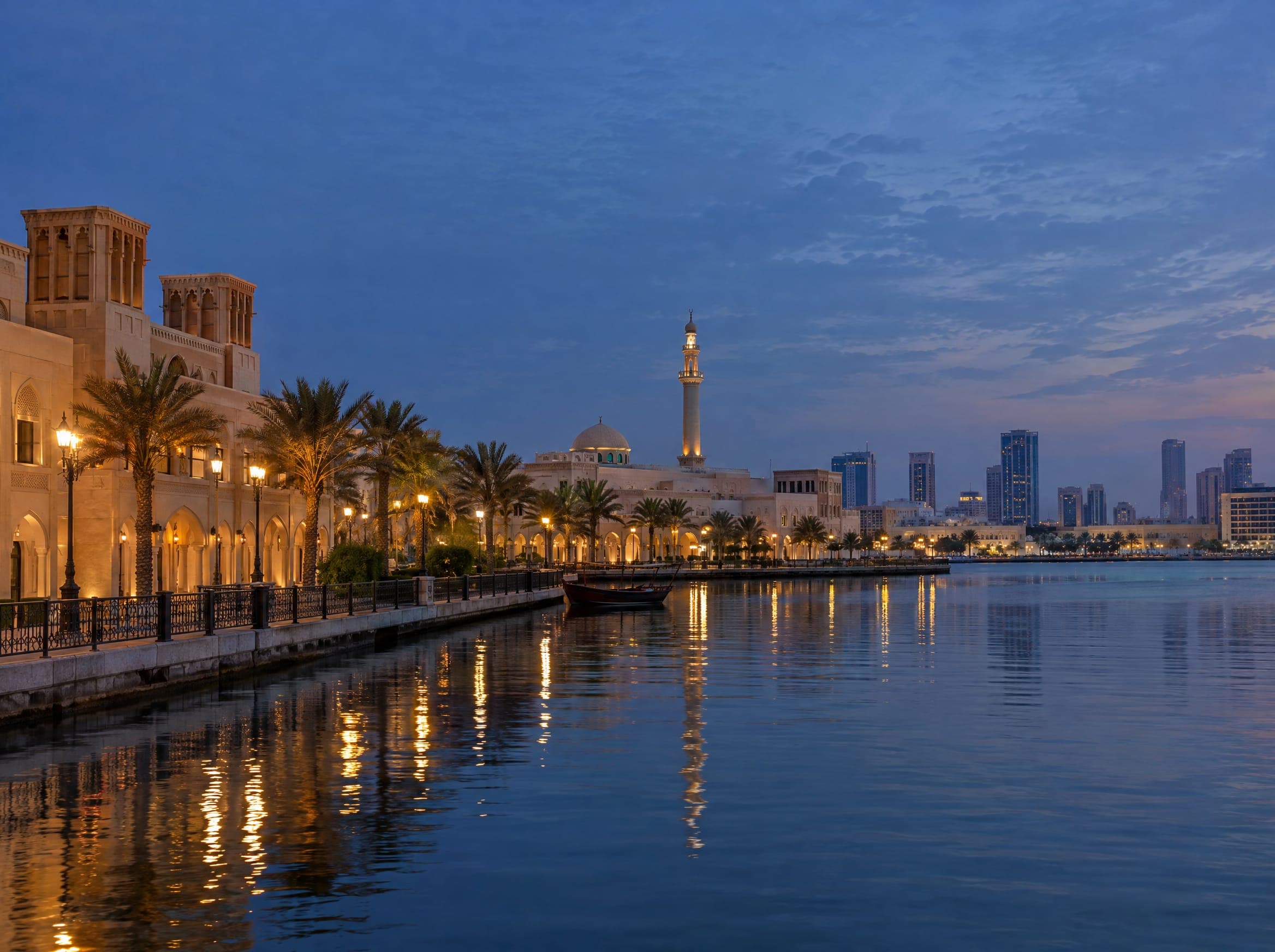 A lagoon waterfront with arched architecture at blue hour