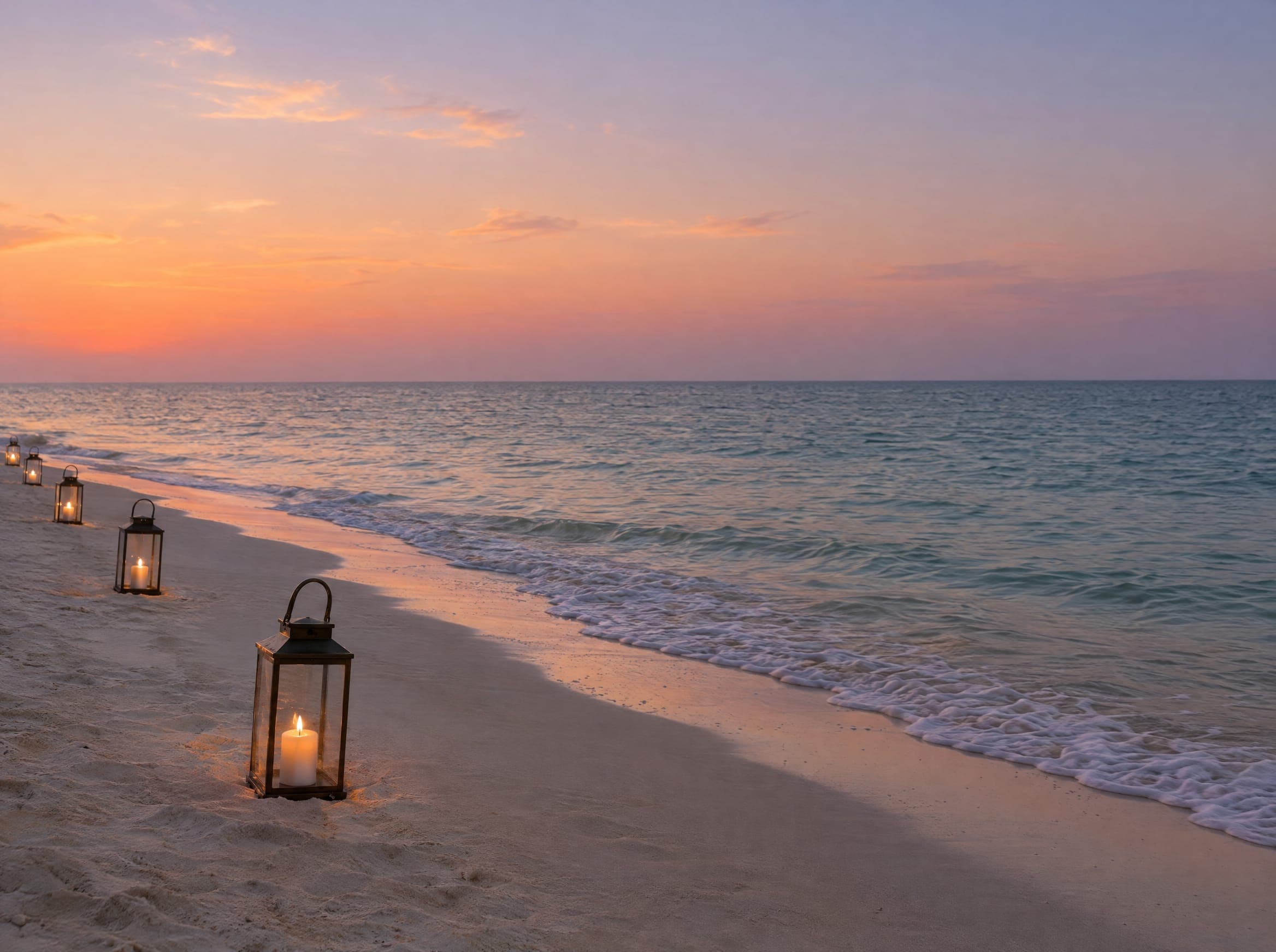 A quiet beach at dusk lined with candle lanterns