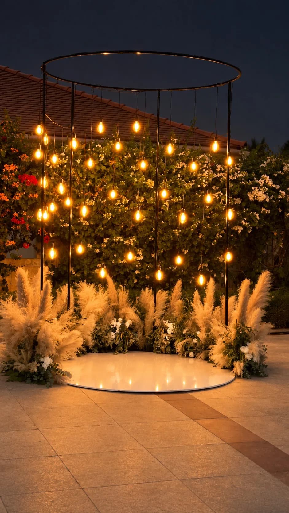 A circular black metal installation at Meliá Desert Palm glowing with warm hanging bulbs and surrounded by pampas grass at night