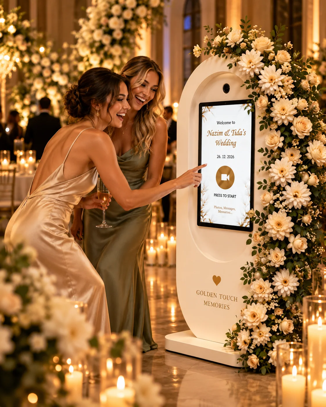 Two wedding guests beginning a video message at the Golden Touch Memories booth