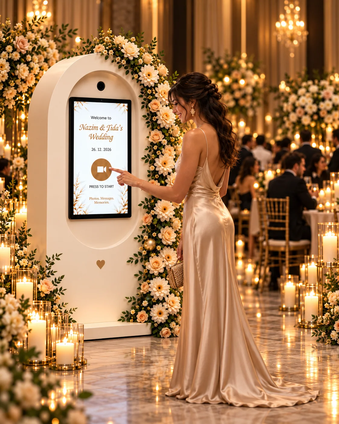 A wedding guest using the Golden Touch Memories booth to start a video message