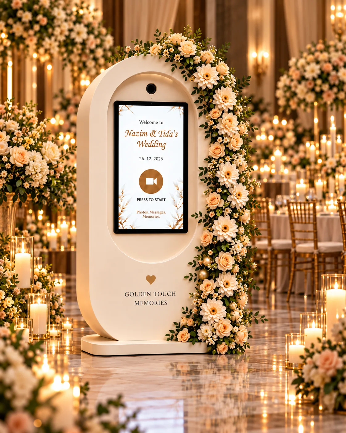 Golden Touch Memories video guestbook booth styled with ivory flowers inside a wedding ballroom